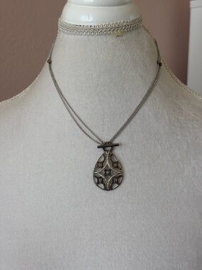 Vintage Sterling Silver Marcasite Filigree Teardrop Pendant on Double Strand